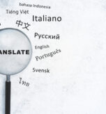 Abstract magnifier with text on white wall background with mock up place. Translation, foreign language, service and education concept. 3D Rendering